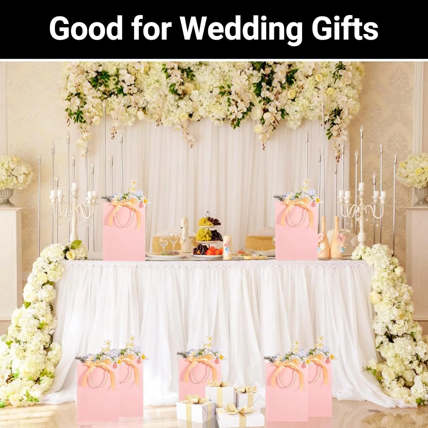 EUSOAR Pink Gift Bags with Ribbon Bow, 50pcs 7.8"x3.9"x11" Thank You Gift Bags with Handles, Gift Retail Wrapping Treat Bags Bulk for Wedding Baby Shower Birthday Bridesmaid Business Holiday Party