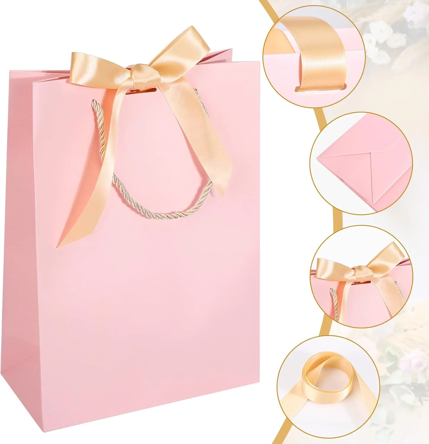 EUSOAR Pink Gift Bags with Ribbon Bow, 50pcs 7.8"x3.9"x11" Thank You Gift Bags with Handles, Gift Retail Wrapping Treat Bags Bulk for Wedding Baby Shower Birthday Bridesmaid Business Holiday Party