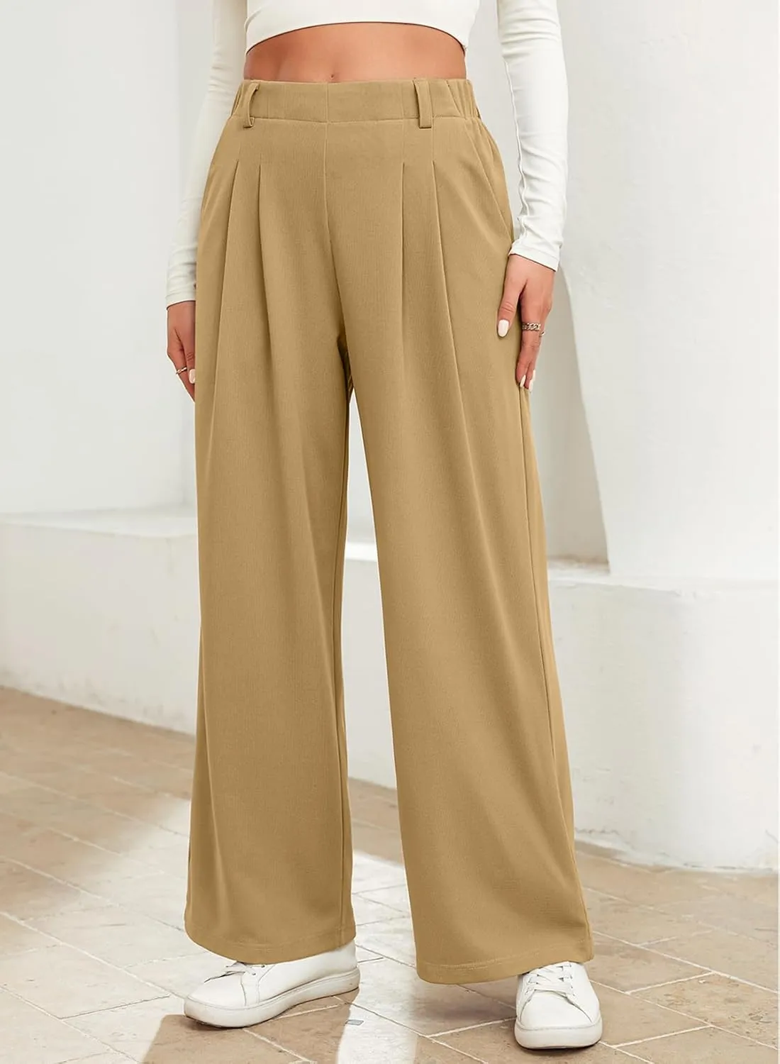 EVALESS Women's Wide Leg Pants Elastic High Waisted Waffle Knit Casual Palazzo Pants Trousers with Pockets