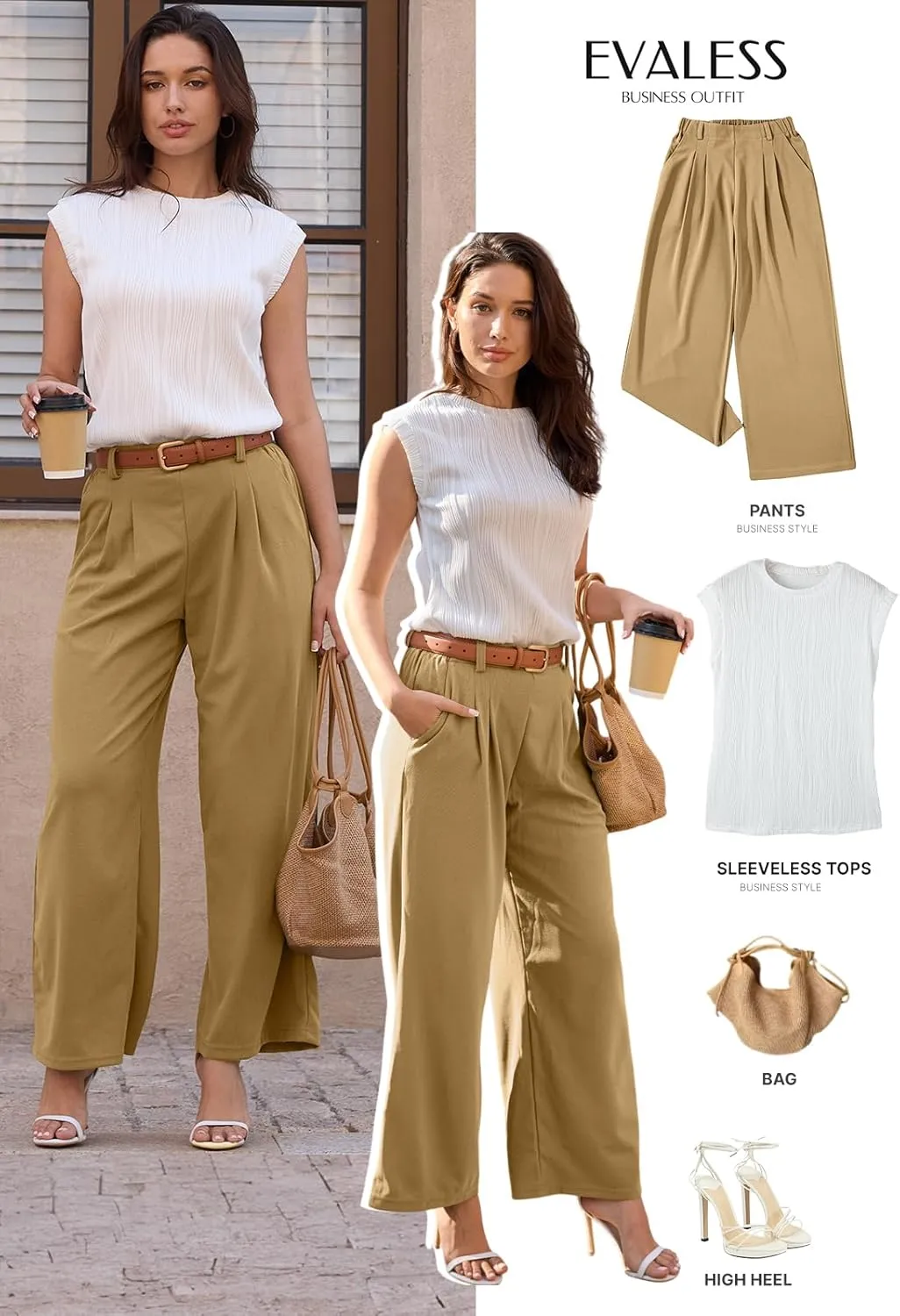 EVALESS Women's Wide Leg Pants Elastic High Waisted Waffle Knit Casual Palazzo Pants Trousers with Pockets