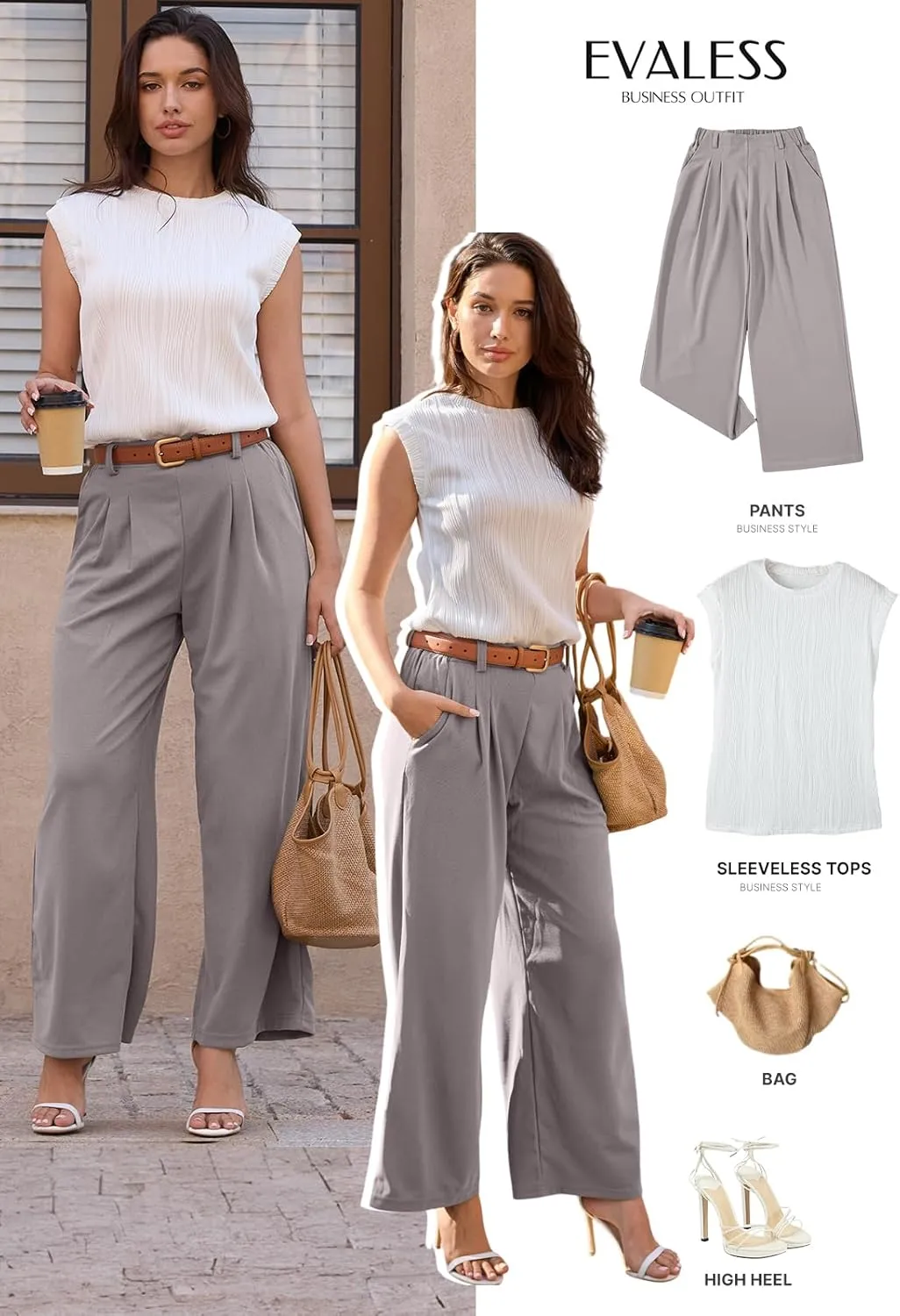 EVALESS Women's Wide Leg Pants Elastic High Waisted Waffle Knit Casual Palazzo Pants Trousers with Pockets