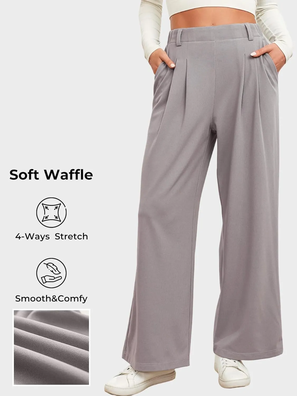EVALESS Women's Wide Leg Pants Elastic High Waisted Waffle Knit Casual Palazzo Pants Trousers with Pockets