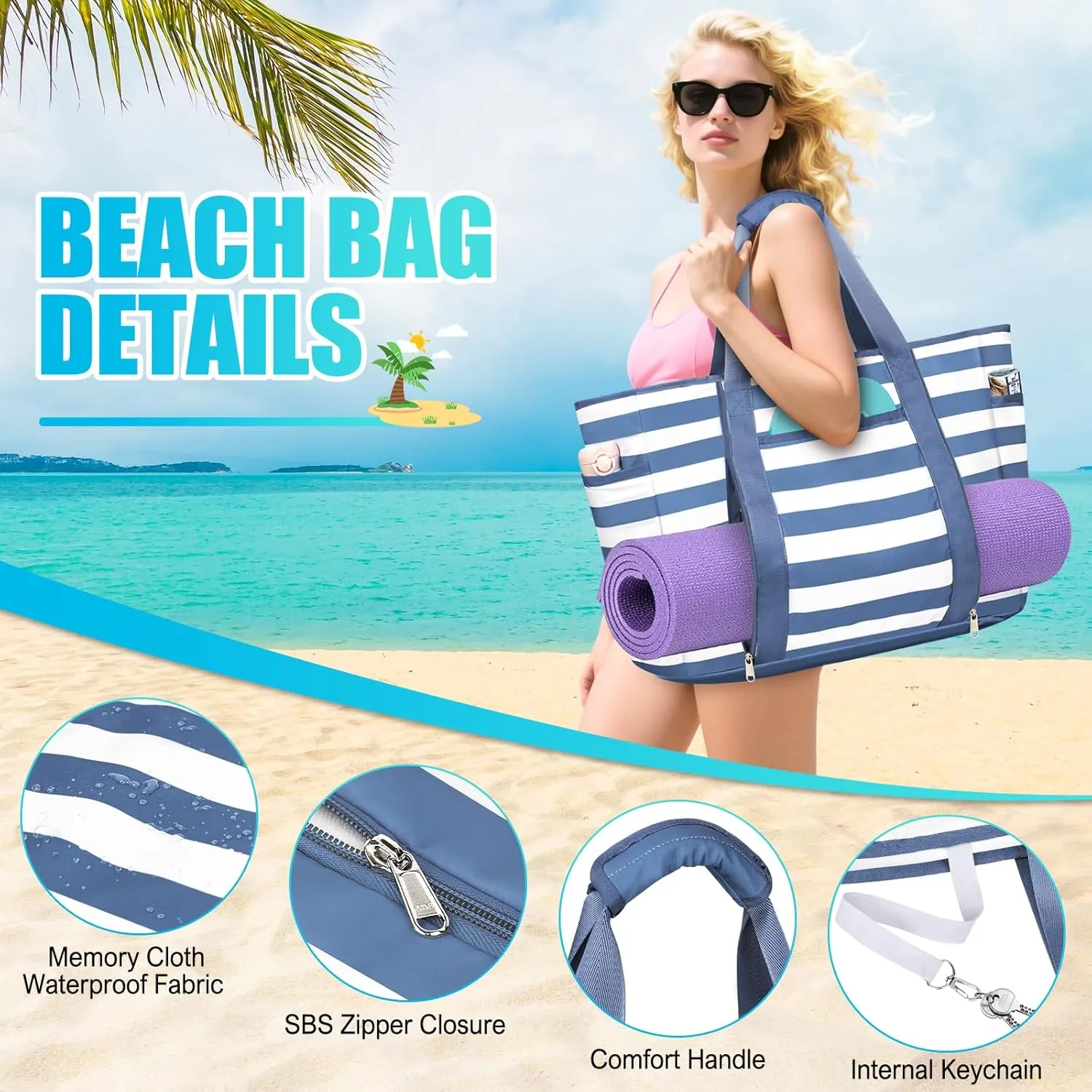 Extra Large Beach Bags for Women, Waterproof Sandproof Beach Tote Bag Foldable Swim Pool Bag with Zipper and Wet Pocket