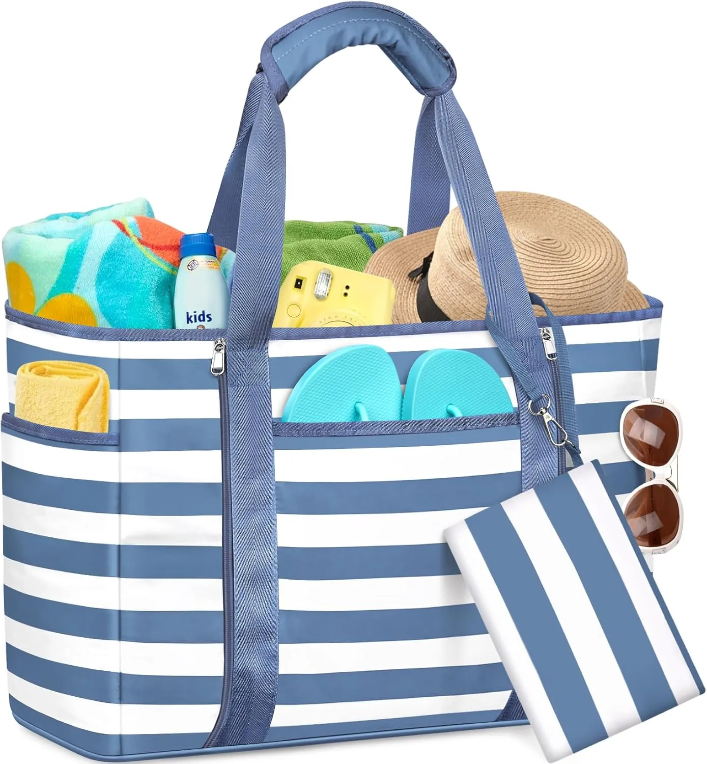 Extra Large Beach Bags for Women, Waterproof Sandproof Beach Tote Bag Foldable Swim Pool Bag with Zipper and Wet Pocket