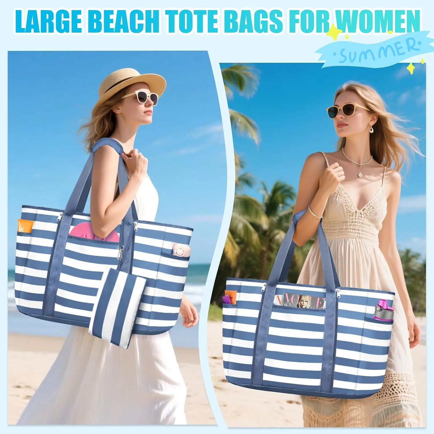 Extra Large Beach Bags for Women, Waterproof Sandproof Beach Tote Bag Foldable Swim Pool Bag with Zipper and Wet Pocket