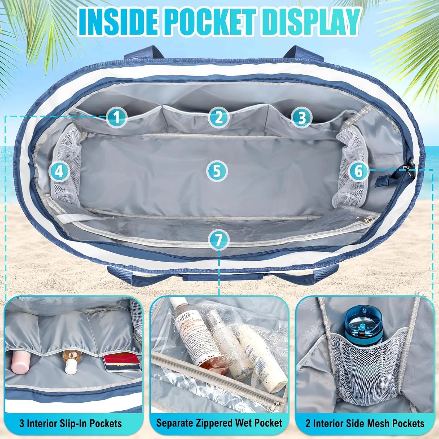 Extra Large Beach Bags for Women, Waterproof Sandproof Beach Tote Bag Foldable Swim Pool Bag with Zipper and Wet Pocket