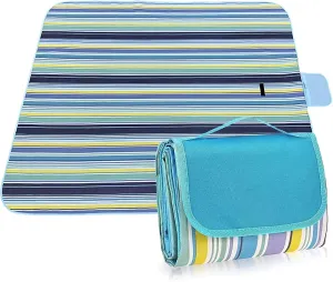 Extra Large Picnic & Outdoor Blanket and More Dual Layers for Outdoor Water-Resistant Handy Mat Tote Spring Summer Camping Blanket Great for The Beach (Light Blue) (Stripe-TBW)