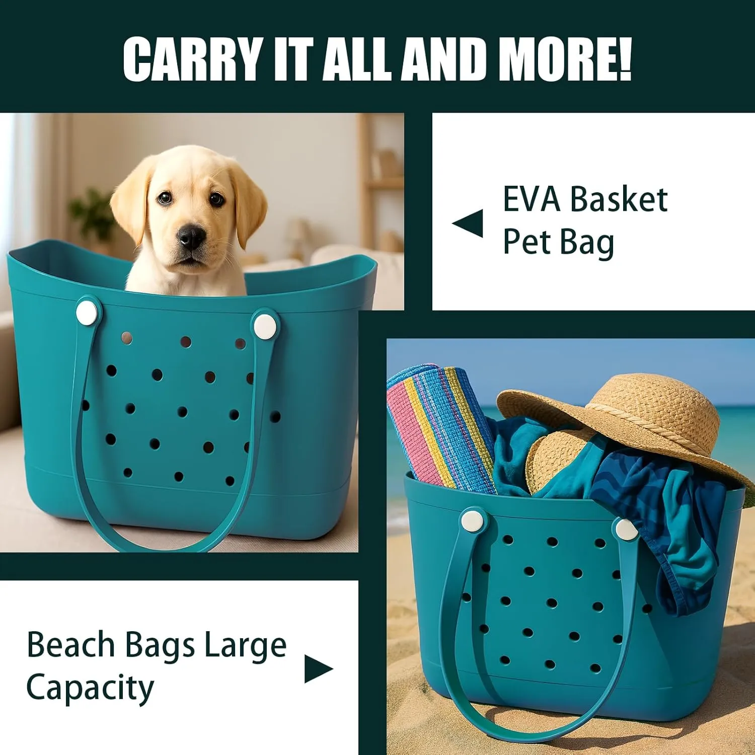 Extra Large Tote Bag, 19"x10"x14" Upgraded Waterproof Rubber Beach Bag, Durable Washable Lightweight Travel Bag