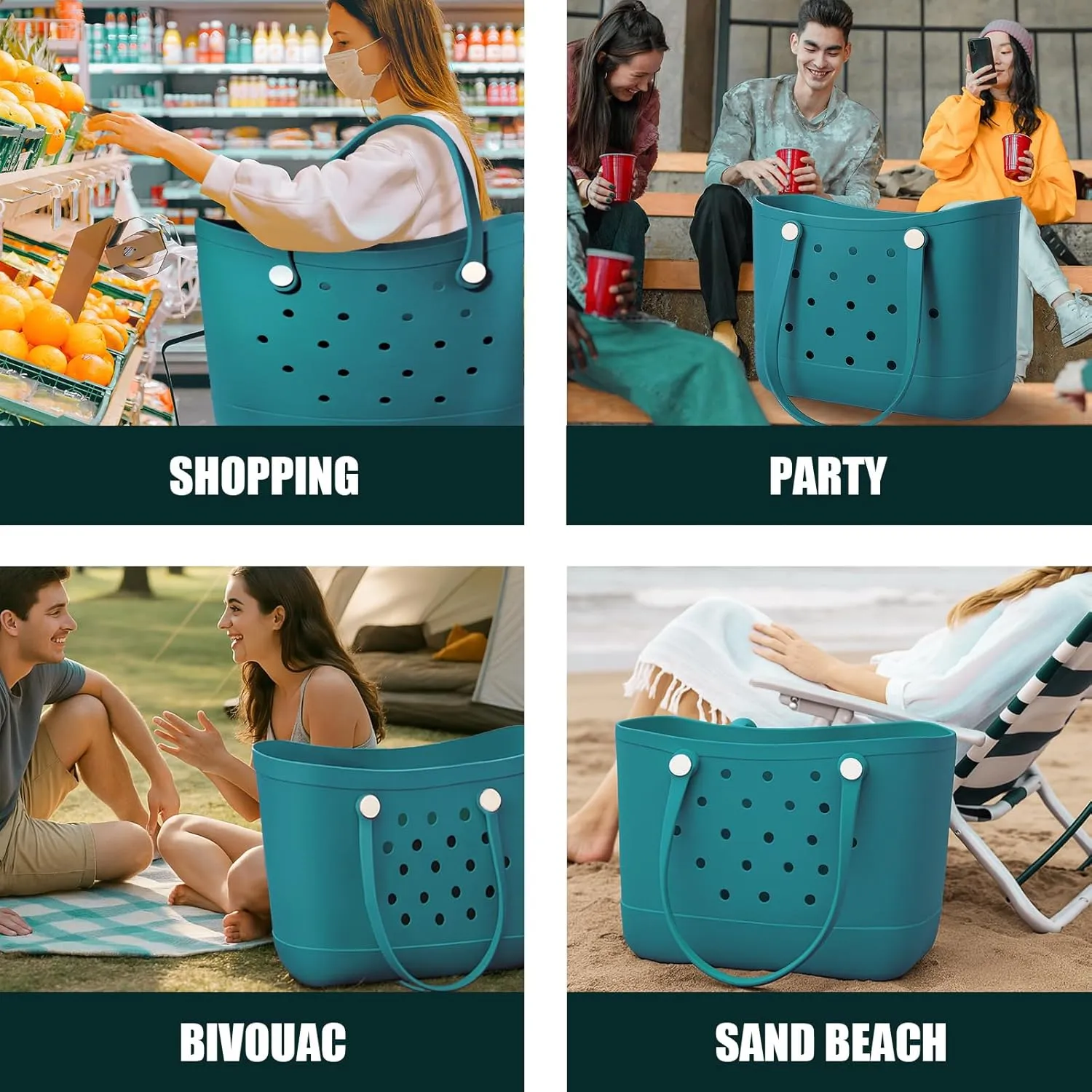 Extra Large Tote Bag, 19"x10"x14" Upgraded Waterproof Rubber Beach Bag, Durable Washable Lightweight Travel Bag