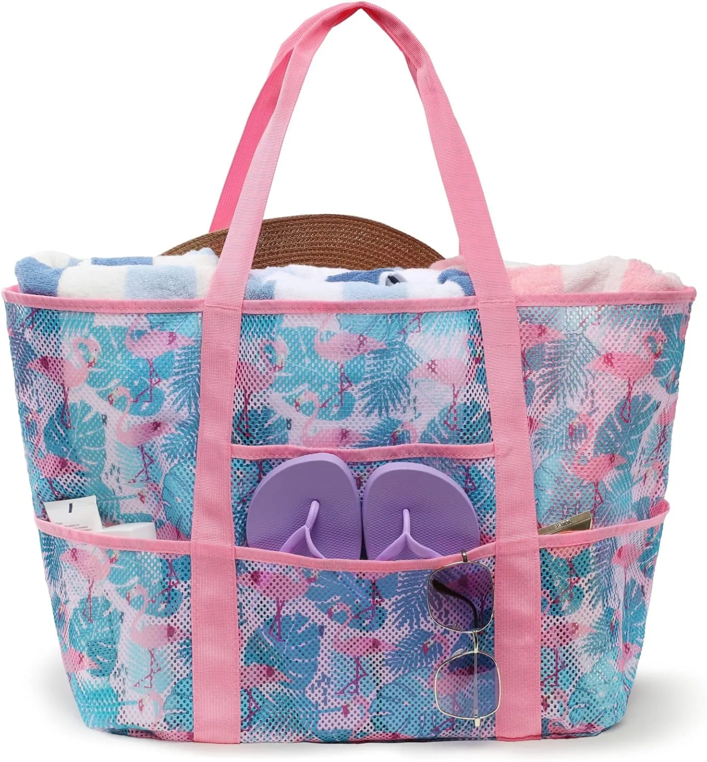 F-color Mesh Beach Bag Family - Beach Tote 9 Pockets Cruise Vacation Essentials