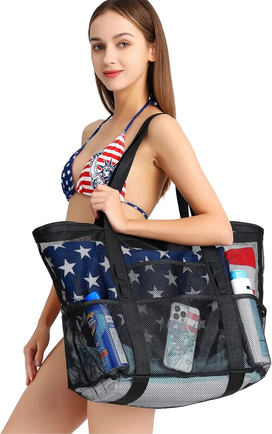 F-color Mesh Beach Bag Family - Beach Tote 9 Pockets Cruise Vacation Essentials