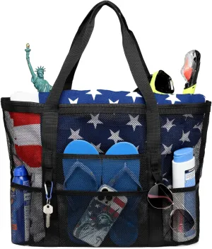 F-color Mesh Beach Bag Family - Beach Tote 9 Pockets Cruise Vacation Essentials