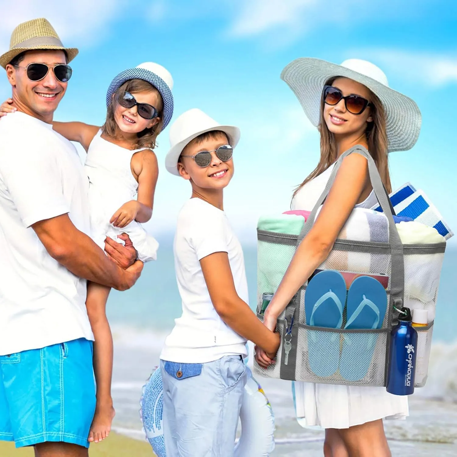 F-color Mesh Beach Bag Family - Beach Tote 9 Pockets Cruise Vacation Essentials
