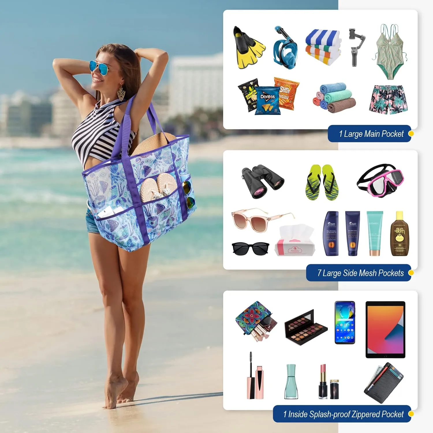 F-color Mesh Beach Bag Family - Beach Tote 9 Pockets Cruise Vacation Essentials