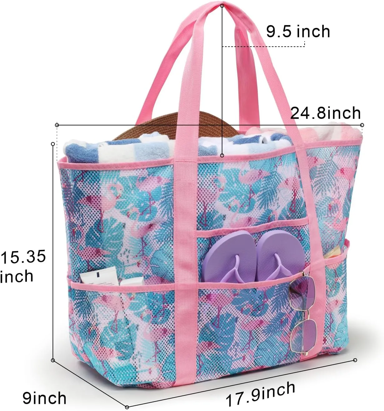 F-color Mesh Beach Bag Family - Beach Tote 9 Pockets Cruise Vacation Essentials
