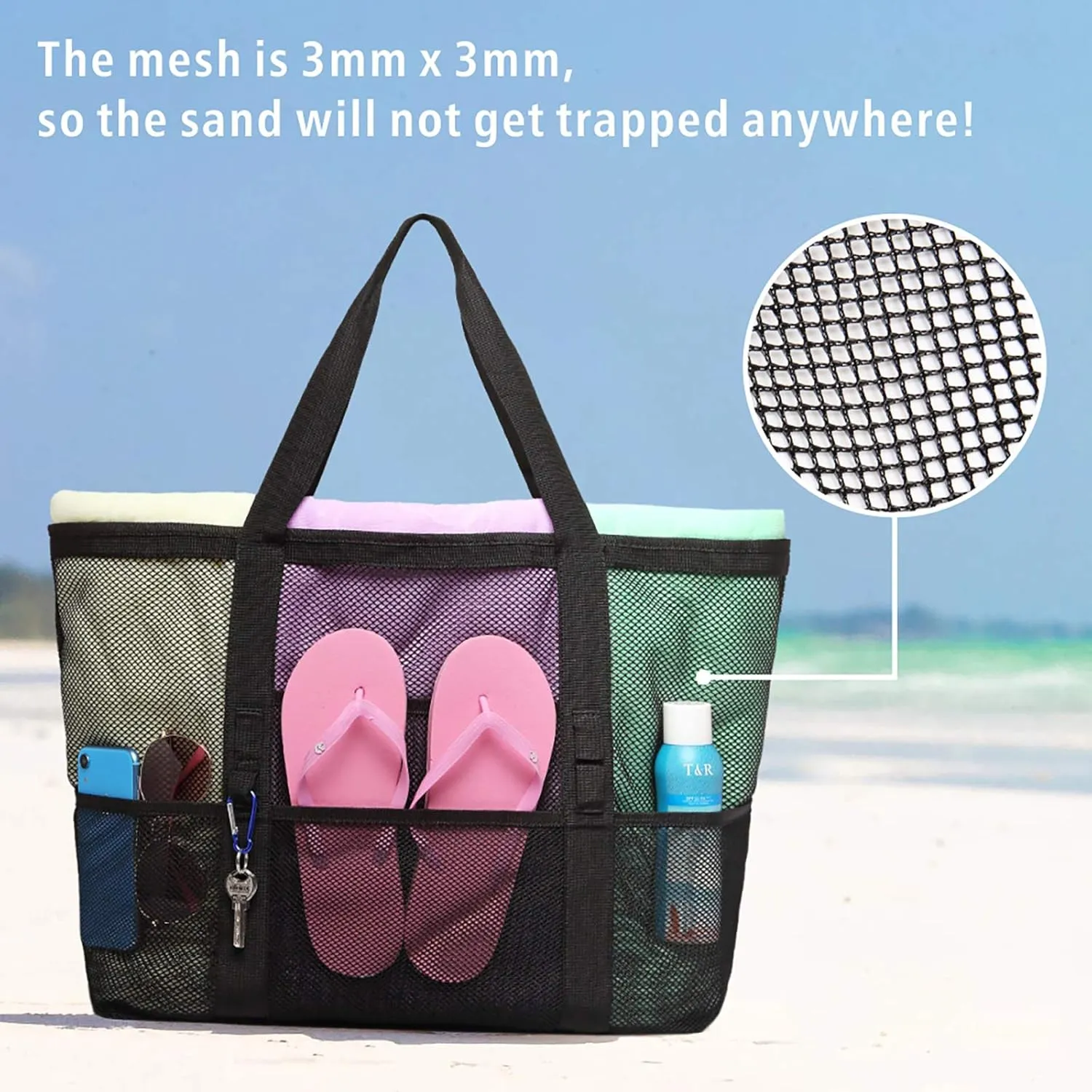 F-color Mesh Beach Bag Family - Beach Tote 9 Pockets Cruise Vacation Essentials