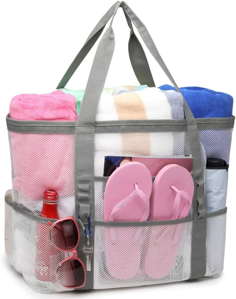 F-color Mesh Beach Bag Family - Beach Tote 9 Pockets Cruise Vacation Essentials