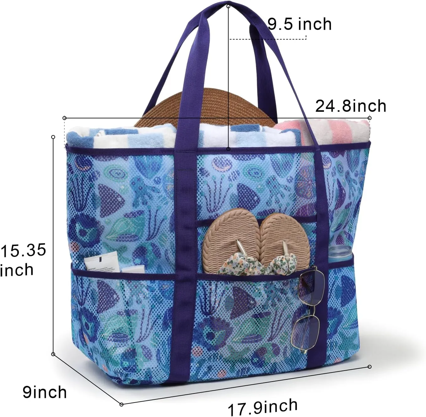 F-color Mesh Beach Bag Family - Beach Tote 9 Pockets Cruise Vacation Essentials