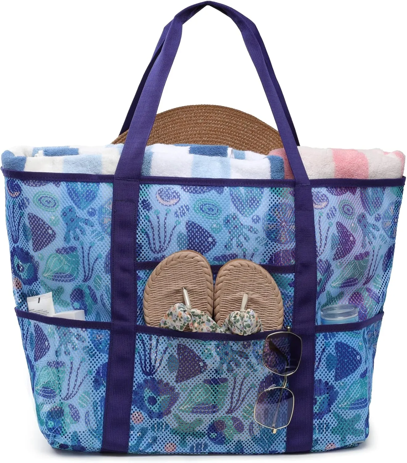 F-color Mesh Beach Bag Family - Beach Tote 9 Pockets Cruise Vacation Essentials