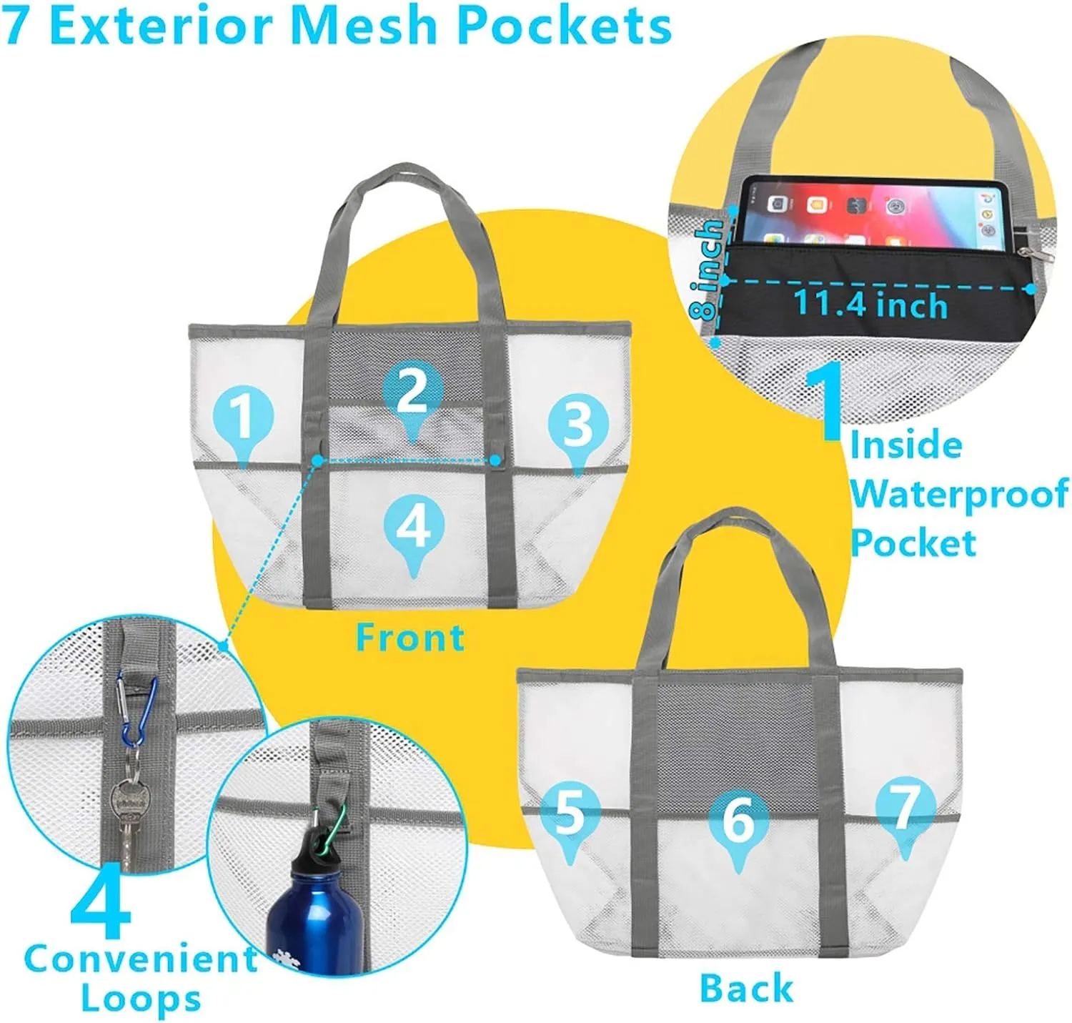 F-color Mesh Beach Bag Family - Beach Tote 9 Pockets Cruise Vacation Essentials