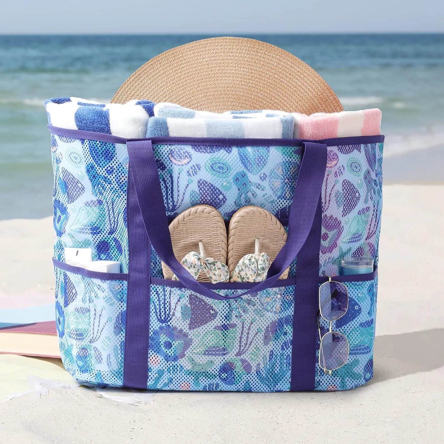 F-color Mesh Beach Bag Family - Beach Tote 9 Pockets Cruise Vacation Essentials