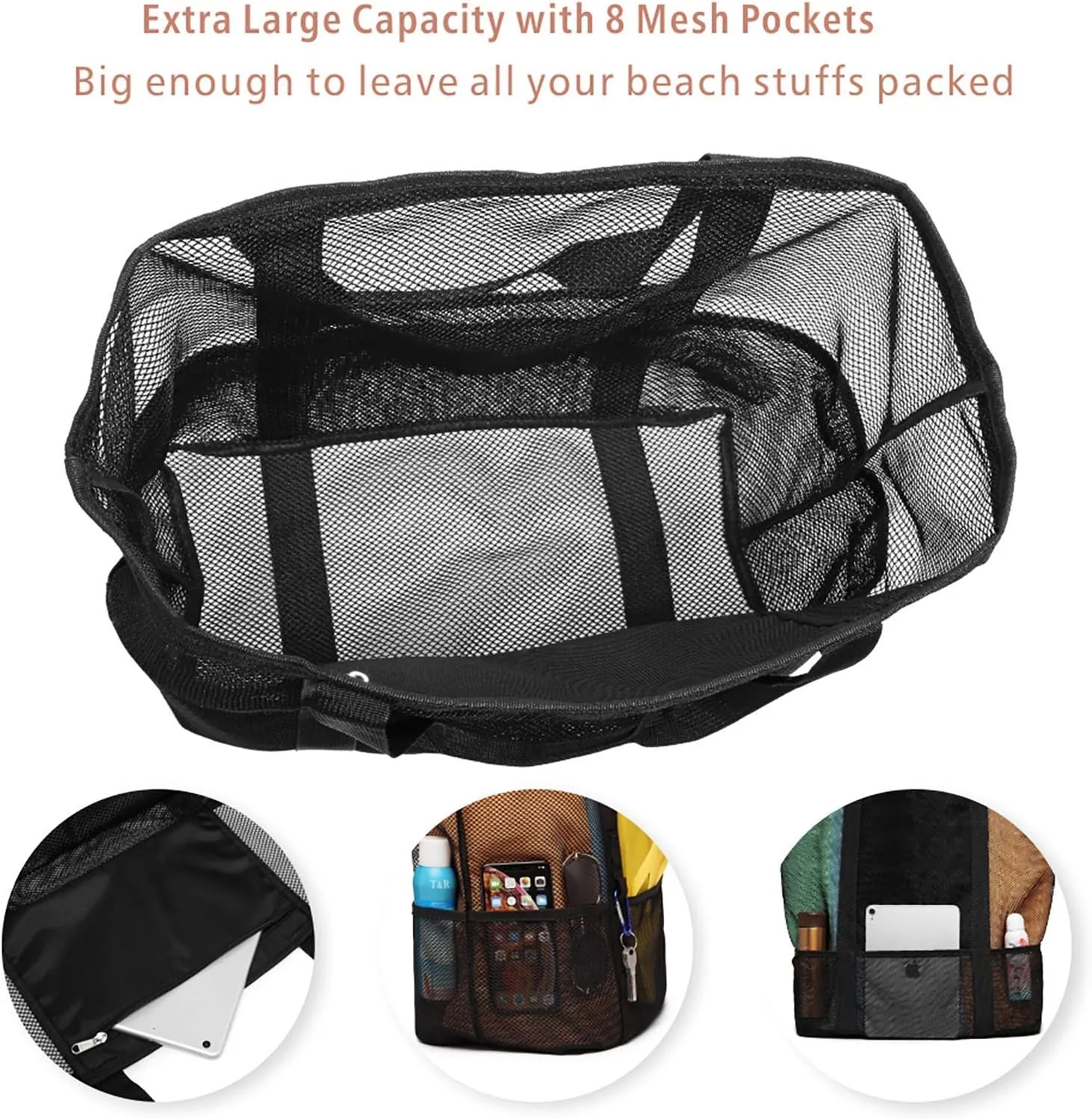 F-color Mesh Beach Bag Family - Beach Tote 9 Pockets Cruise Vacation Essentials