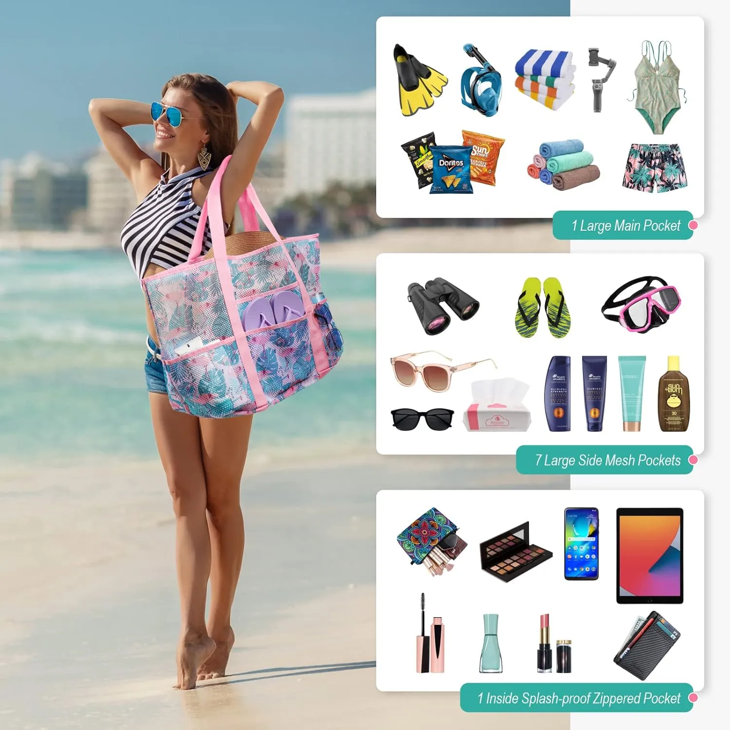 F-color Mesh Beach Bag Family - Beach Tote 9 Pockets Cruise Vacation Essentials