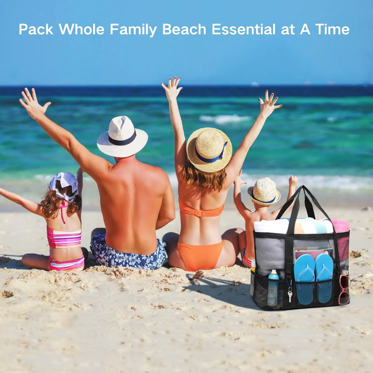 F-color Mesh Beach Bag Family - Beach Tote 9 Pockets Cruise Vacation Essentials