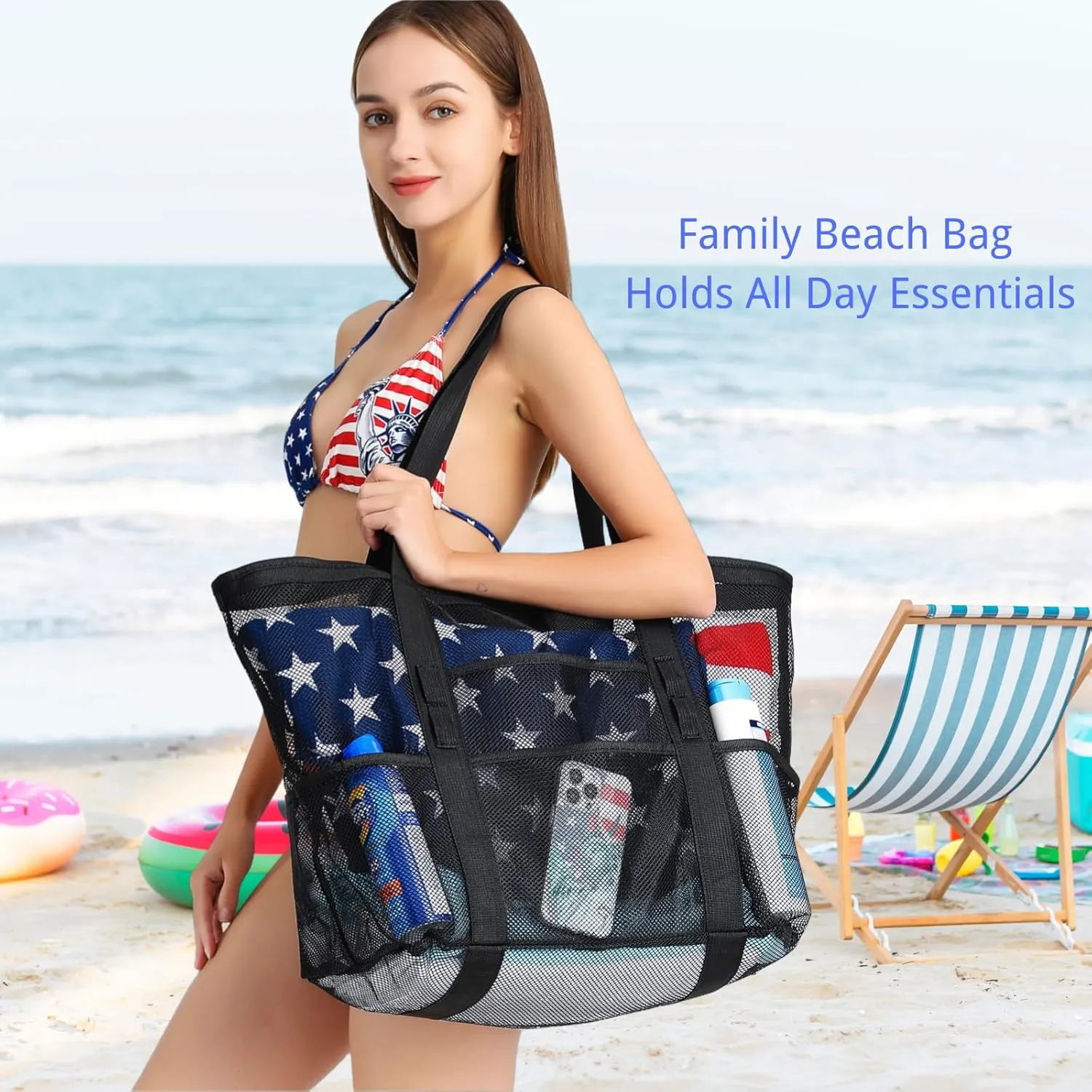 F-color Mesh Beach Bag Family - Large Tote Bag for Cruise Pool Beach Vacation Essentials