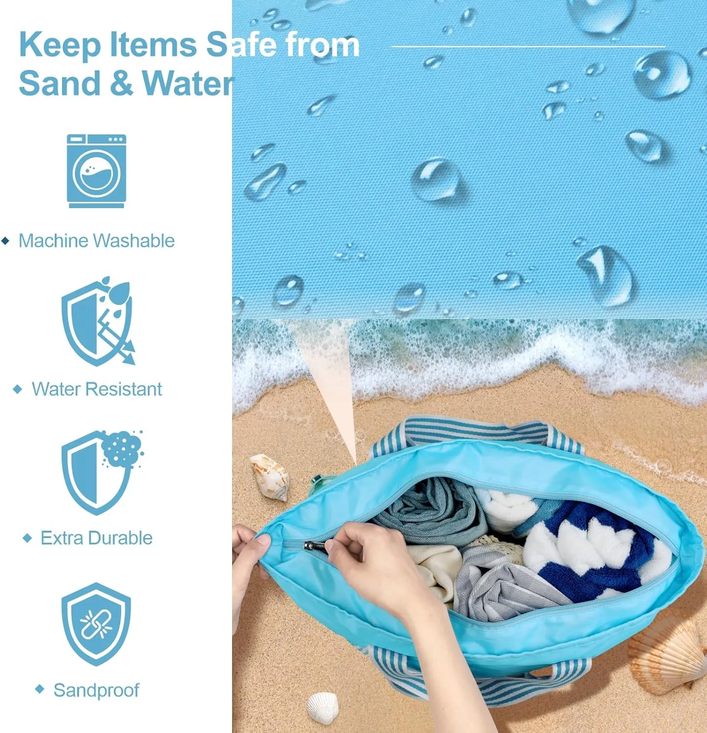 F-color Waterproof Beach Bags for Women - Machine Washable Travel Tote Bag with Zipper Cruise Swim Vacation Essentials