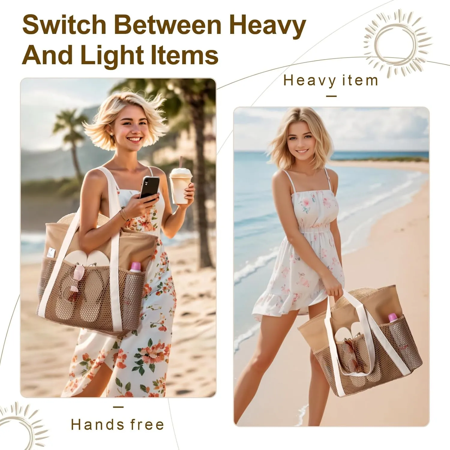 F-color Waterproof Beach Bags for Women - Machine Washable Travel Tote Bag with Zipper Cruise Swim Vacation Essentials