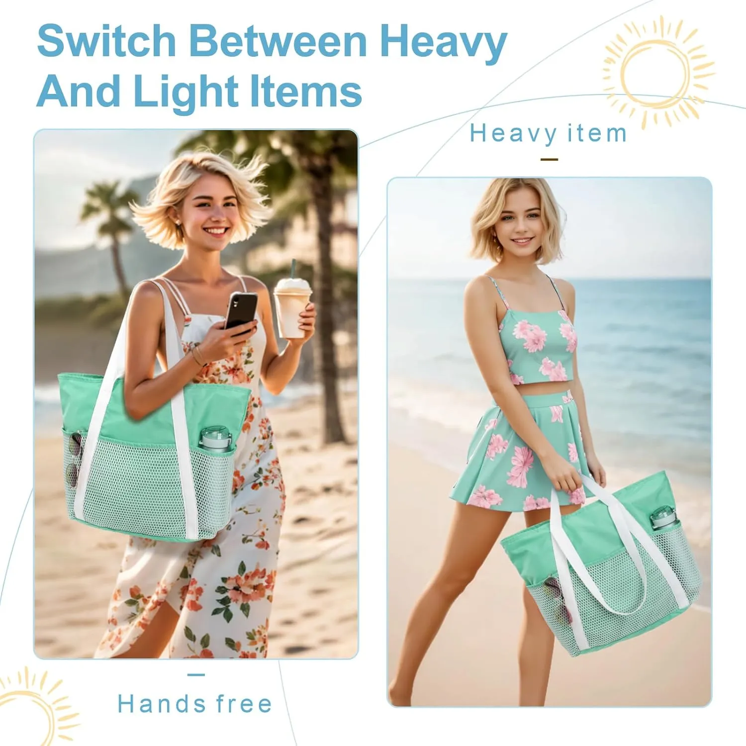 F-color Waterproof Beach Bags for Women - Machine Washable Travel Tote Bag with Zipper Cruise Swim Vacation Essentials