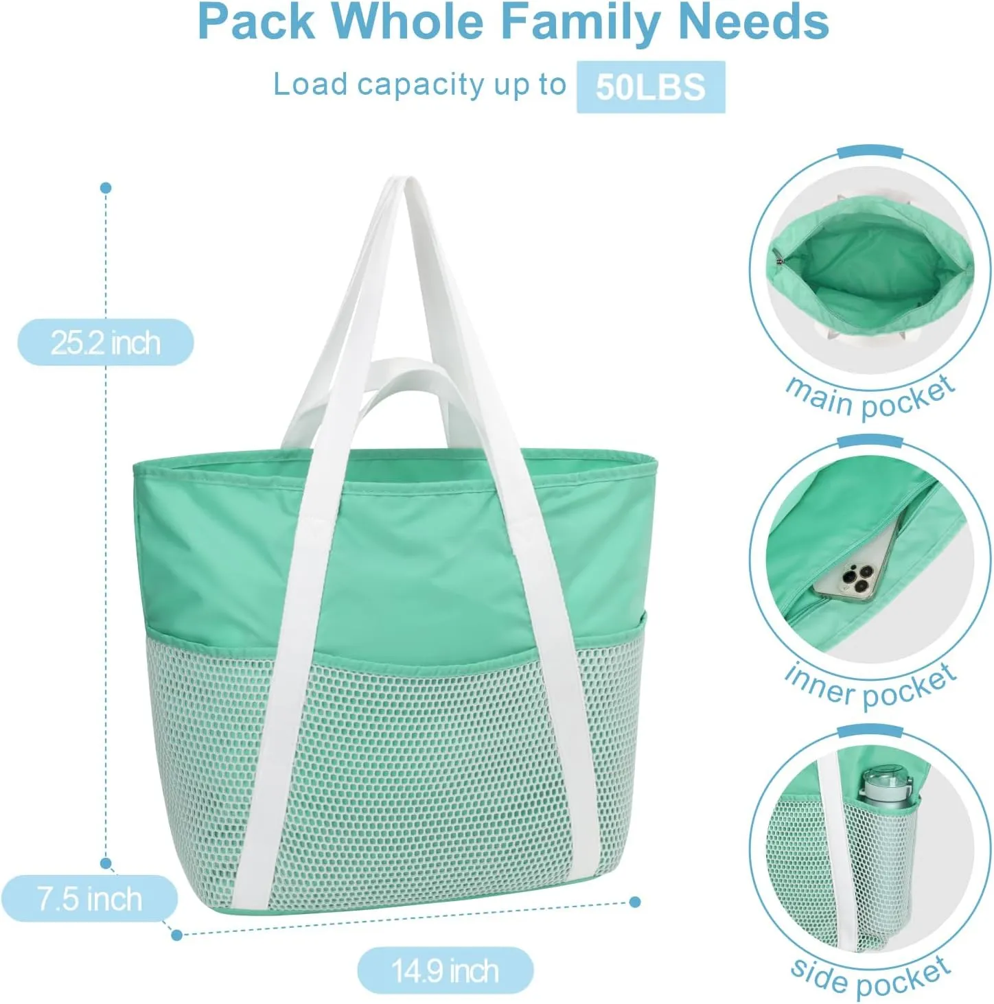 F-color Waterproof Beach Bags for Women - Machine Washable Travel Tote Bag with Zipper Cruise Swim Vacation Essentials