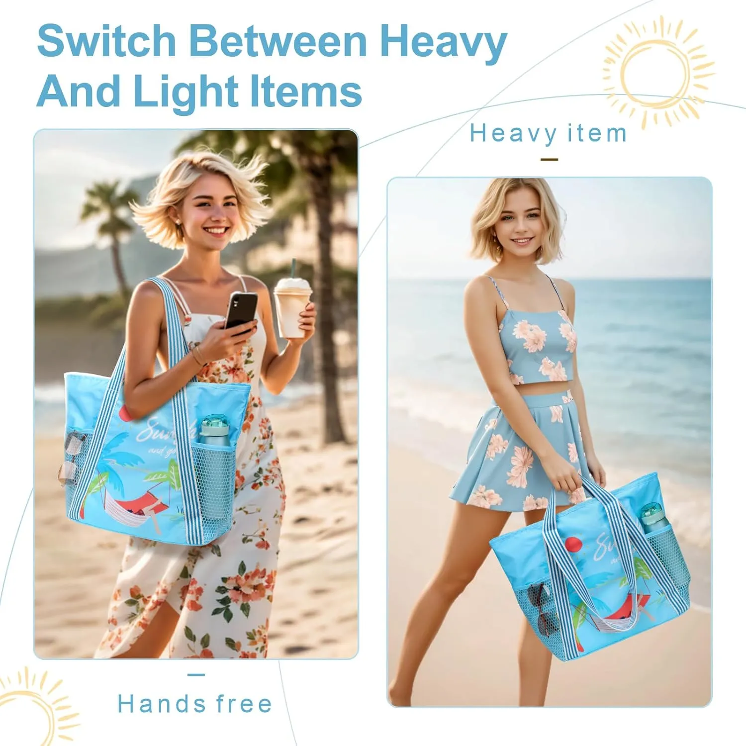 F-color Waterproof Beach Bags for Women - Machine Washable Travel Tote Bag with Zipper Cruise Swim Vacation Essentials