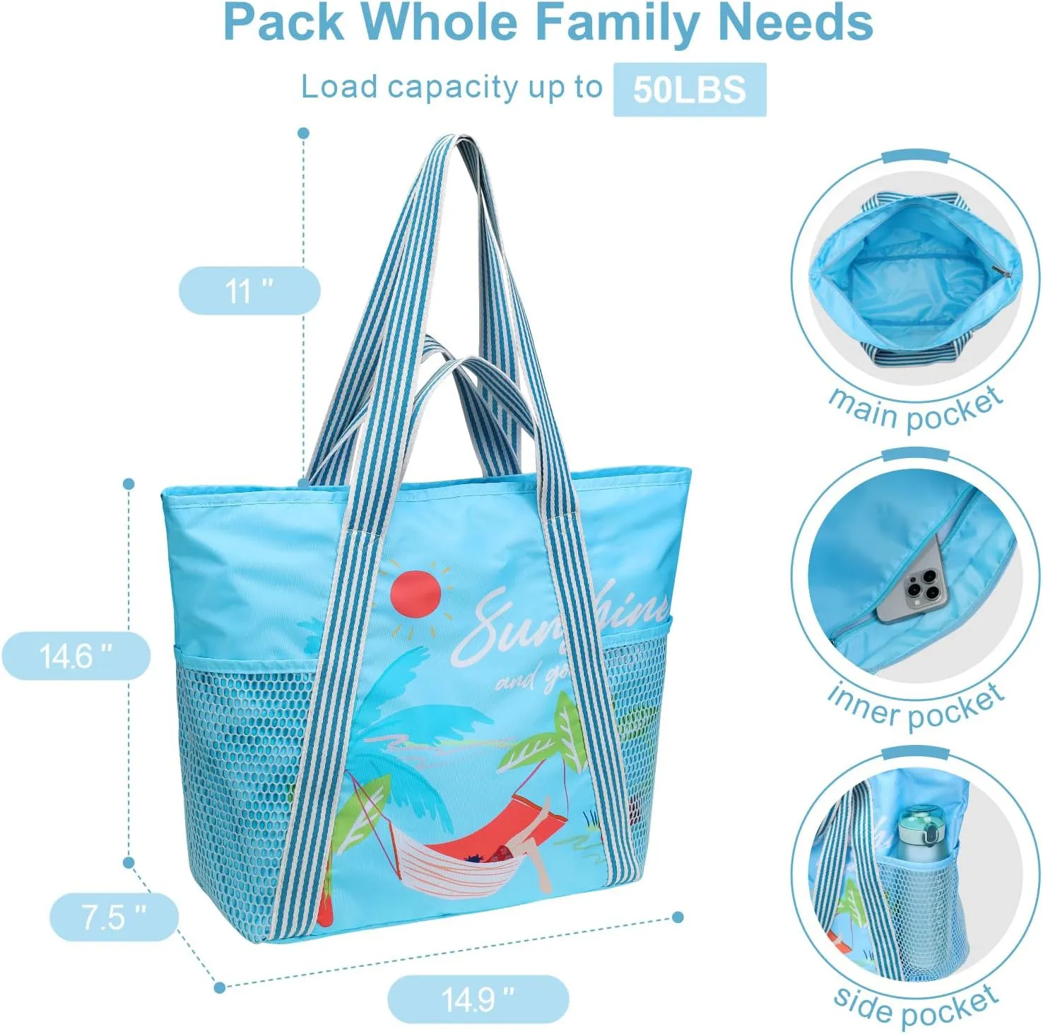 F-color Waterproof Beach Bags for Women - Machine Washable Travel Tote Bag with Zipper Cruise Swim Vacation Essentials