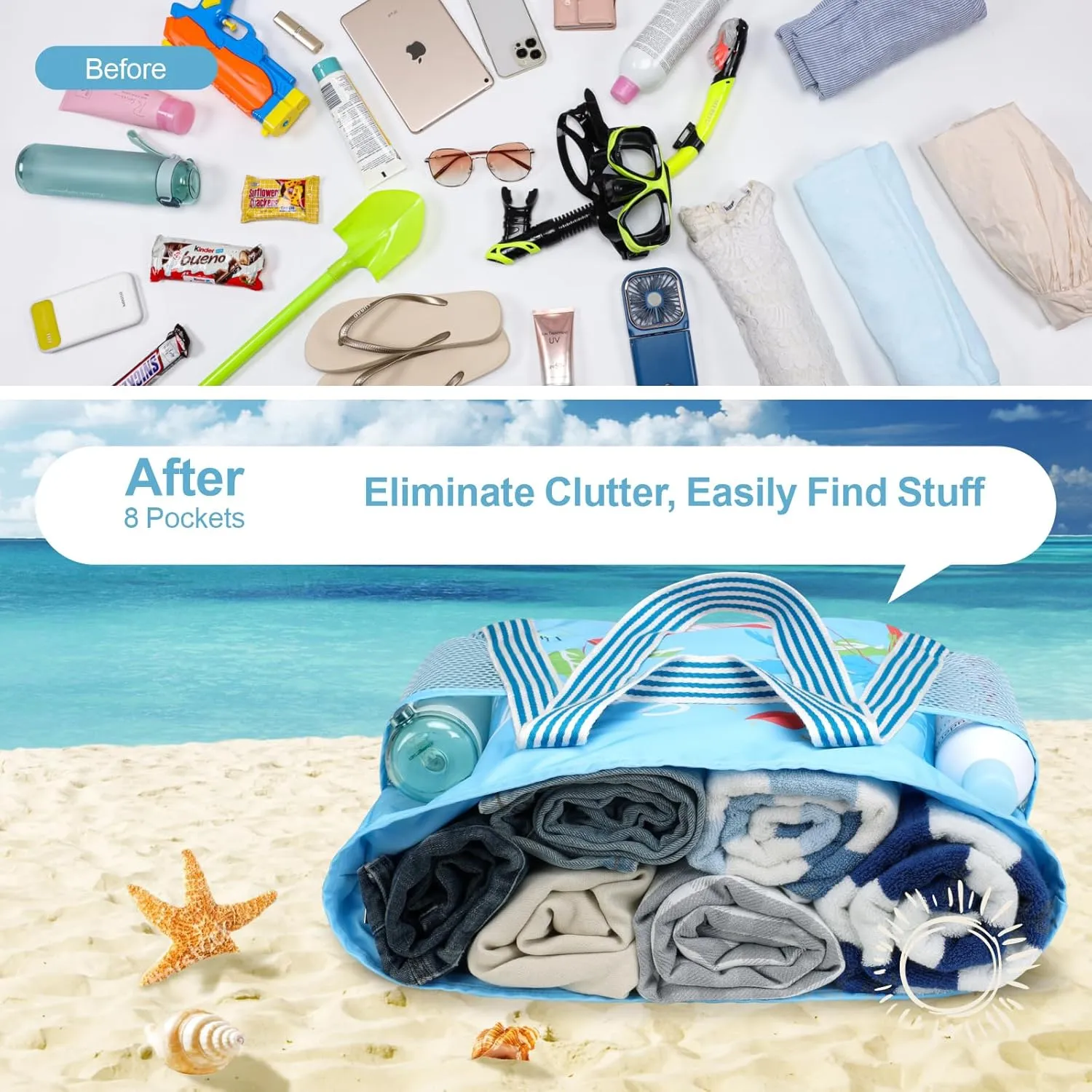 F-color Waterproof Beach Bags for Women - Machine Washable Travel Tote Bag with Zipper Cruise Swim Vacation Essentials