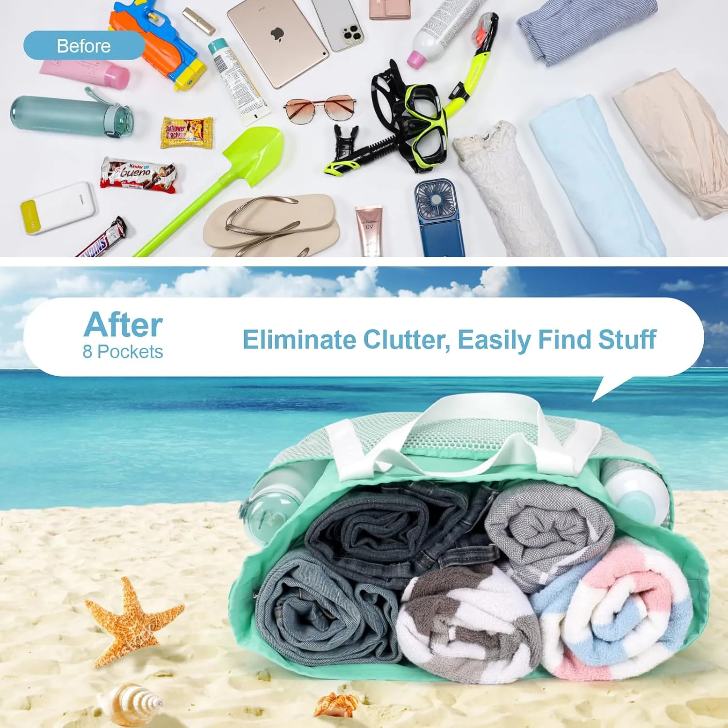 F-color Waterproof Beach Bags for Women - Machine Washable Travel Tote Bag with Zipper Cruise Swim Vacation Essentials