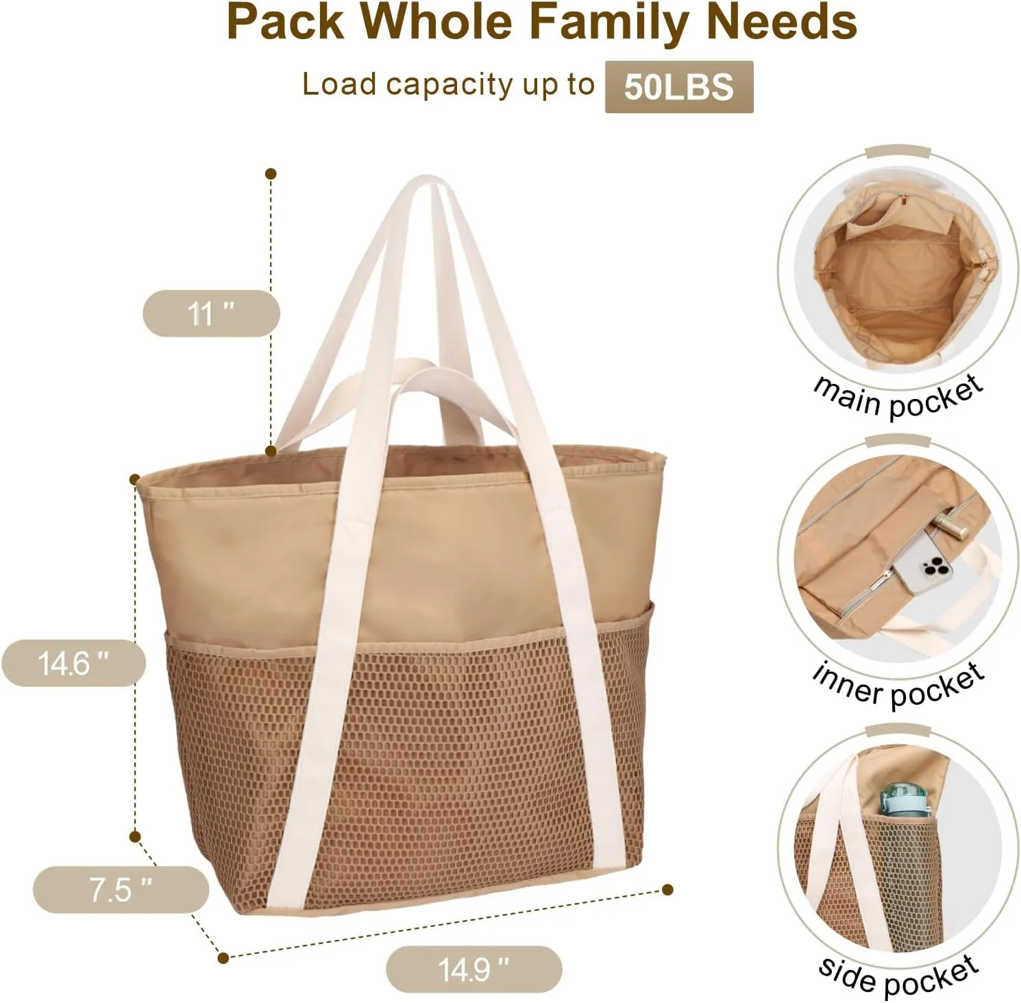 F-color Waterproof Beach Bags for Women - Machine Washable Travel Tote Bag with Zipper Cruise Swim Vacation Essentials