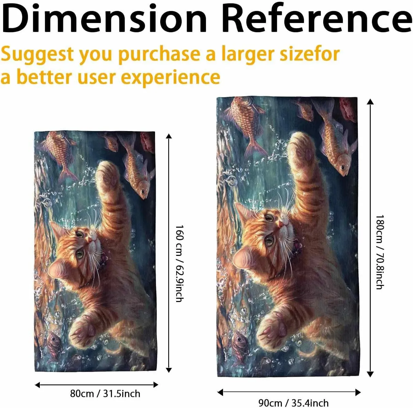 Fanciful Cat Underwater Beach Towel Orange Feline Surrounded by Fish, Quick Dry Absorbent Sand Free Oversized Lightweight Beach Blanket, Summer Travel Picnic Essentials 62x31 Inch