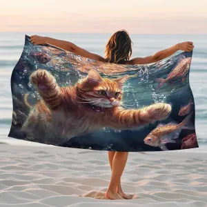 Fanciful Cat Underwater Beach Towel Orange Feline Surrounded by Fish, Quick Dry Absorbent Sand Free Oversized Lightweight Beach Blanket, Summer Travel Picnic Essentials 62x31 Inch
