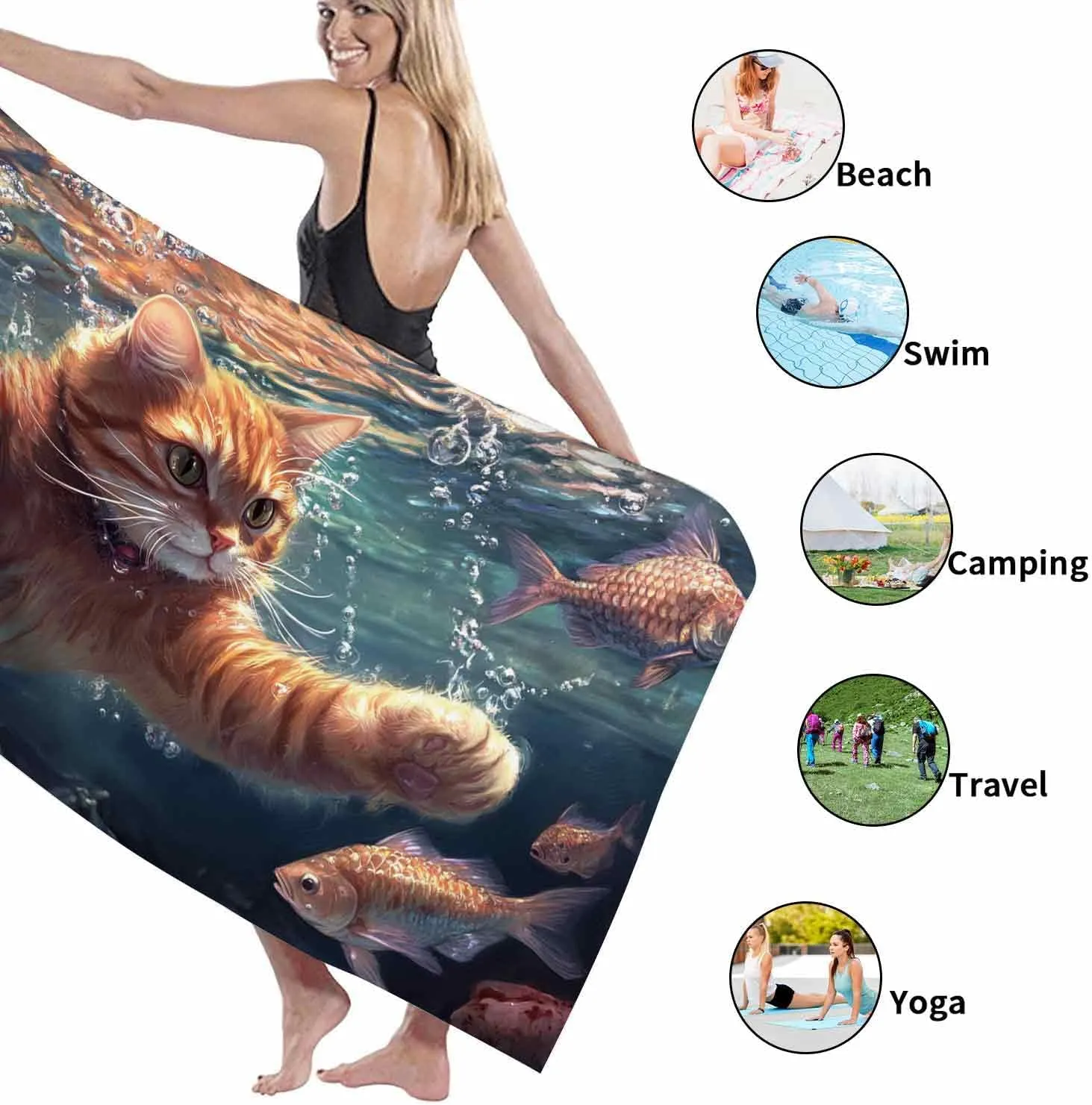 Fanciful Cat Underwater Beach Towel Orange Feline Surrounded by Fish, Quick Dry Absorbent Sand Free Oversized Lightweight Beach Blanket, Summer Travel Picnic Essentials 62x31 Inch