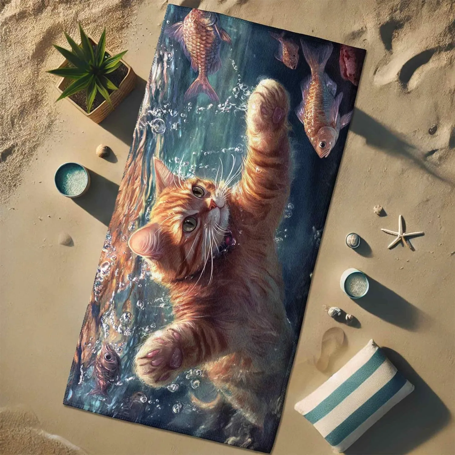 Fanciful Cat Underwater Beach Towel Orange Feline Surrounded by Fish, Quick Dry Absorbent Sand Free Oversized Lightweight Beach Blanket, Summer Travel Picnic Essentials 62x31 Inch