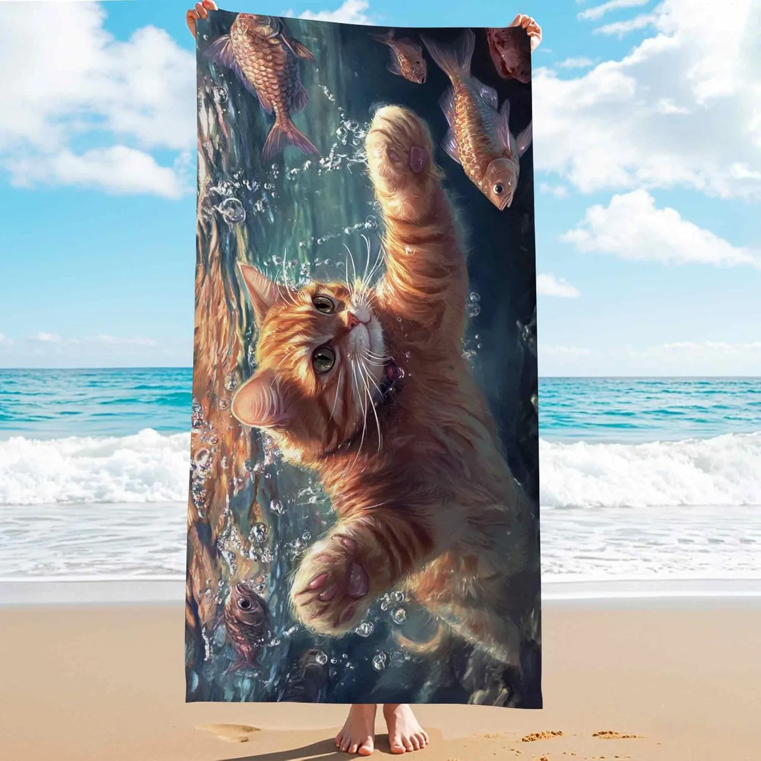Fanciful Cat Underwater Beach Towel Orange Feline Surrounded by Fish, Quick Dry Absorbent Sand Free Oversized Lightweight Beach Blanket, Summer Travel Picnic Essentials 62x31 Inch