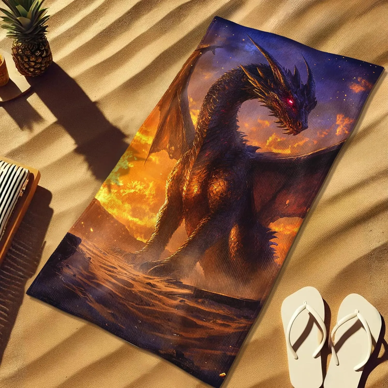 Fantasy Dragon Microfiber Beach Towel Extra Large Black Fire Breathing Creature, Quick Dry Absorbent Soft Sand Free Lightweight Beach Blanket, Pool Outdoor Travel Picnic Essentials 70x35 Inch