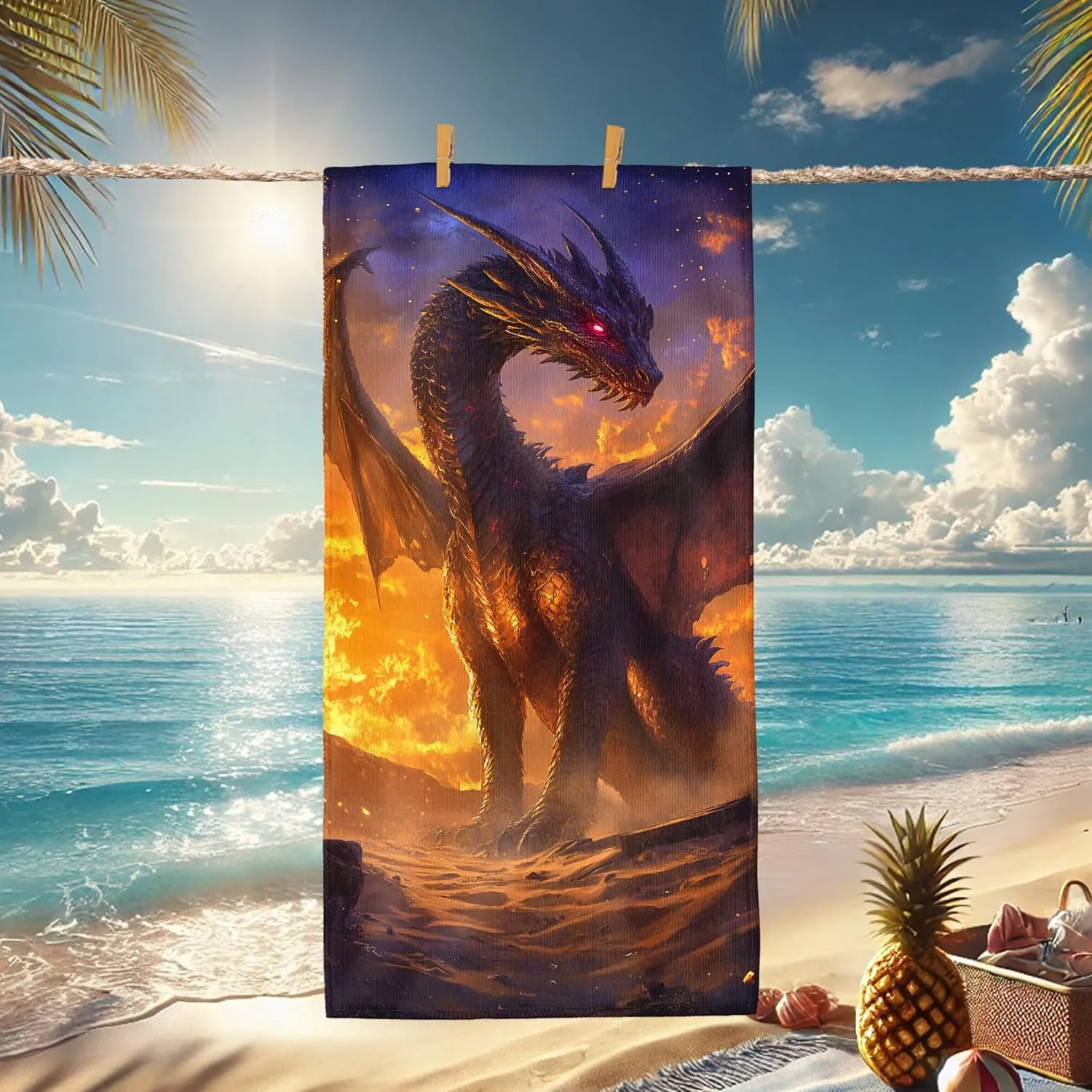 Fantasy Dragon Microfiber Beach Towel Extra Large Black Fire Breathing Creature, Quick Dry Absorbent Soft Sand Free Lightweight Beach Blanket, Pool Outdoor Travel Picnic Essentials 70x35 Inch