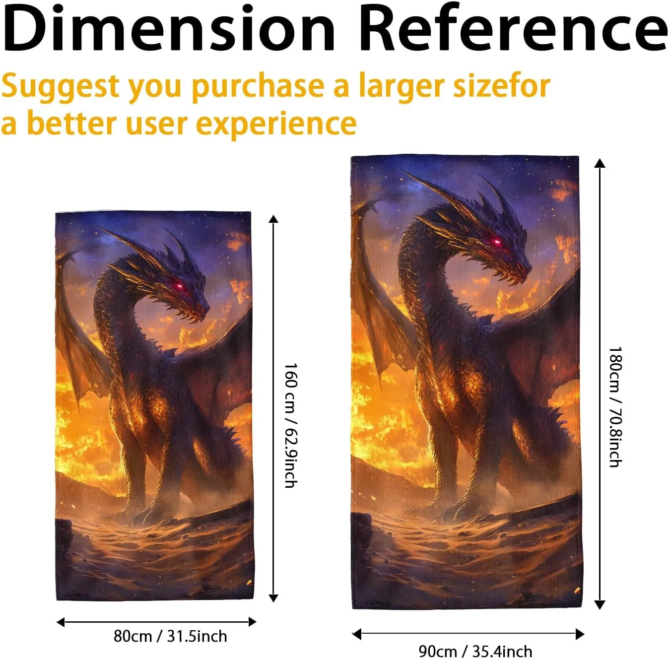 Fantasy Dragon Microfiber Beach Towel Extra Large Black Fire Breathing Creature, Quick Dry Absorbent Soft Sand Free Lightweight Beach Blanket, Pool Outdoor Travel Picnic Essentials 70x35 Inch