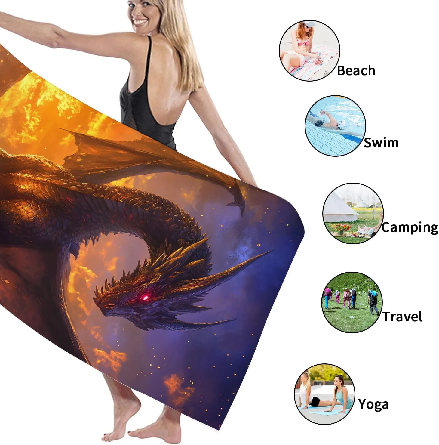 Fantasy Dragon Microfiber Beach Towel Extra Large Black Fire Breathing Creature, Quick Dry Absorbent Soft Sand Free Lightweight Beach Blanket, Pool Outdoor Travel Picnic Essentials 70x35 Inch
