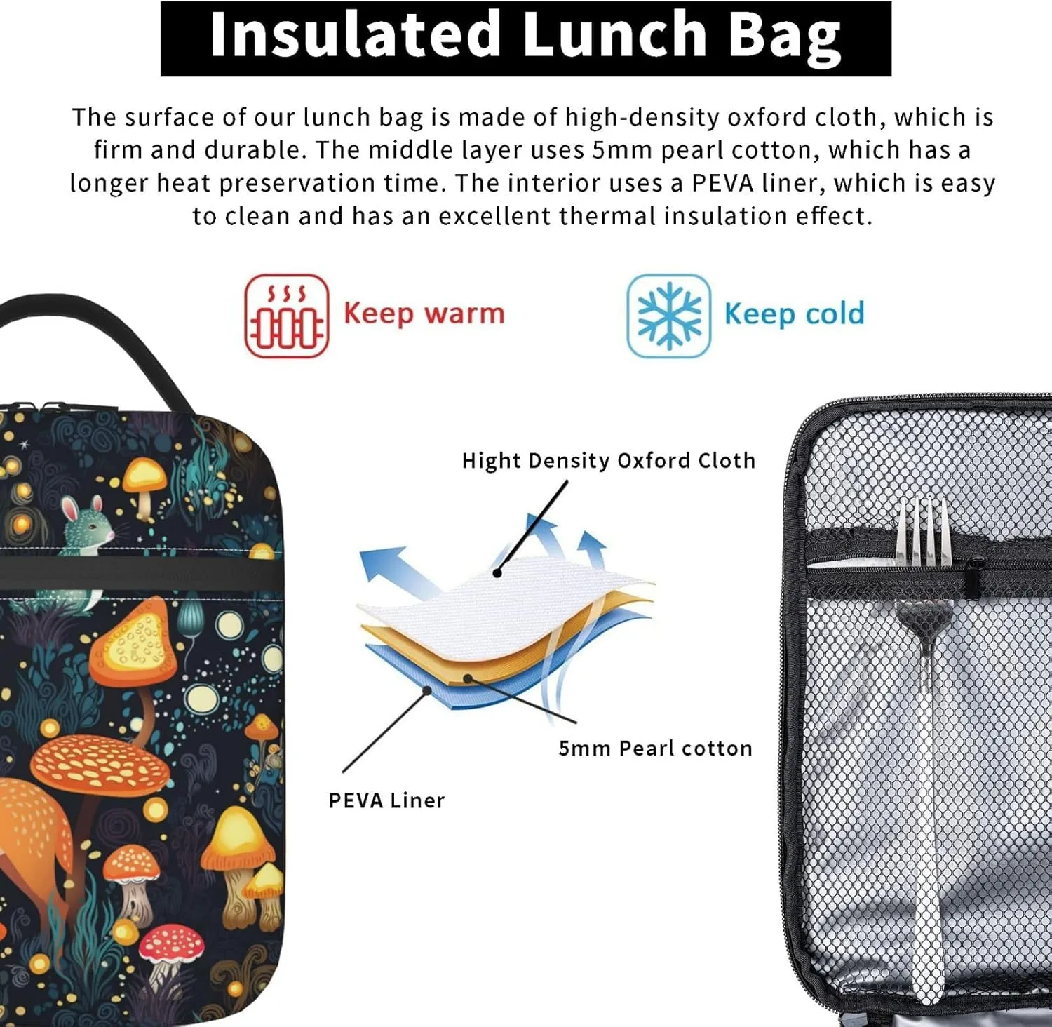 Fantasy Forest Mushrooms Grass Reusable Lunch Box Food Bag Insulated Lunch Bag for Teenage Boys Girls School Beach