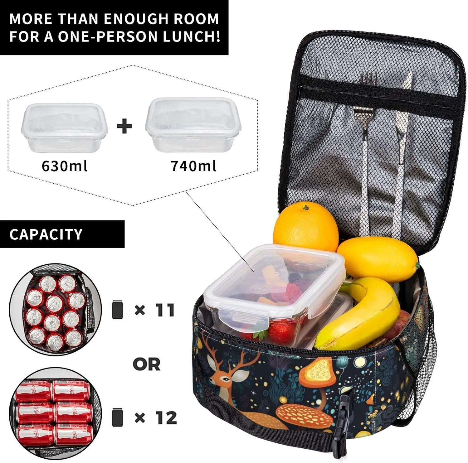 Fantasy Forest Mushrooms Grass Reusable Lunch Box Food Bag Insulated Lunch Bag for Teenage Boys Girls School Beach