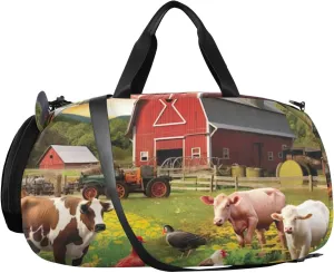Farm Animals Kids Overnight Duffle Bag,Gymnastics Sports Dance Bag with Shoe Compartment & Wet Pocket, Travel Weekender Tote for Boys & Girls